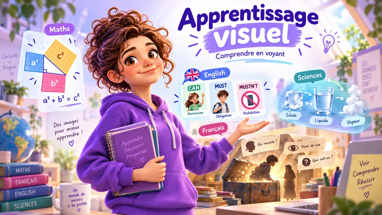 Apprentissage visuel — comprendre en voyant : une élève présente des leçons illustrées en maths, anglais, sciences et français